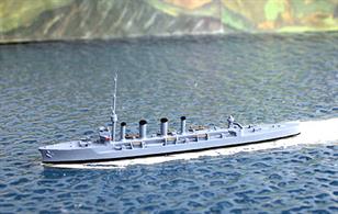 A 1/1250 scale metal model of HMS Amphion by Navis Neptun 148.Amphion was the first scout cruiser, a type of cruiser designed to be able to act as a leader for a flotilla of destroyers. On the principal of leading from the front, she was designed to keep up with her flotilla andarmour and habitability was sacrificed to speed in the design.