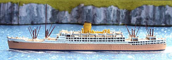 A metal 1/1250 scale model of Orion of 1937 with a corn coloured hull by Albatros SM number AL139A.