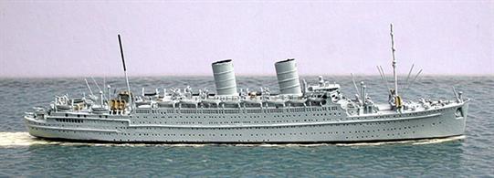 A 1/1250 scale metal model of Mauretania as a troopship during WW2. Although pressed into service as a troopship early in the war, this model has all the fittings, AA guns, de-gaussing cable for protection against magnetic influence mines &amp; carley floats and life-rafts, that were added by 1942.