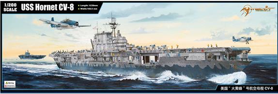 Merit International 62001 is a 1/200th large scale plastic kit of the American World War 2 CV-8 USS Hornet Aircraft CarrierGlue and paints are required