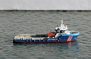 A 1/1250 scale, painted &amp; finished metal model of the Italian offshore support vessel with Customs branding indicating use in a safety/security/refugee role in the Adriatic &amp; off the Libian coast.