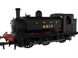 Model of LNER class J52 locomotive 4217 ex-Great Northern Railway 0-6-0ST saddle tank shunting engine finished in LNER plain black livery with shaded lettering.This Rapido Trains model has been carefully designed from works drawings and historical images to allow a wide range of options to be produced covering the long lives of thee distinctive engines. The chassis features a smooth-running mechanism, factory-installed speaker and a warming firebox glow
