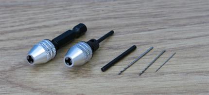 Set Contains:1 x Hex Drive Microchuck1 x Microchuck with 2.35mm Shaft1 each HSS Twist Drills:0.5mm, 0.8mm and 1.00mm.Can be used with a cordless screwdriver, standard DIY drill or bench drill.Suitable for drill sizes: 0.1mm to 2.5mm.