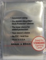100 clear sleeves to fit perfectly over cards and yet be small enough to fit inside a standard Ultra Pro sleeve to give extra protection for your cards, sized to fit MTG/Pokemon cards.