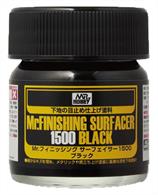 Mr Surfacer 1500 grade in black.This is a black version of the Finishing Surfacer.This black base allows the omission of the painting of a black coat before applying a metallic color and reduces the thickness of painting.