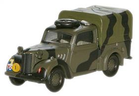 Oxford Diecast 9th Survey Regiment RA Austin "Tilly"1/76 ScaleThe Tilly was the name given to a number of British vehicles produced during WWII based on civilian car designs, adapted for use by each of the armed forces across all areas during the conflict. The key vehicles used were the Austin, Hillman, Morris and Standard. The Austin Tilly is the subject of the latest piece of new tooling in the Oxford Military range. Tilly was the nickname derived from the term Utility and these hybrid vehicles proved especially versatile, fitted with a simple rear loading area. Very few remain today but they can be seen in military museums at home and abroad, including the Yorkshire Air Museum, the Muckleburgh Collection and overseas in the Ta Kali Museum in Malta, the French Regional Air Museum at Angers-Marce and the Czech Republic tank museum just outside Prague. The Tilly Register logs all 'finds', with members cross Europe and Australia. The Oxford model appears in a drab green/black camouflage scheme with a 'canvas' back and distinctive wartime markings on the front, back and sides. The spare wheel and a spade are housed on the roof of the driver's cab and extensive masking operations have picked out details on the wheel hubs, headlights and headlight lenses, door handles, petrol cap, radiator slits and even the shaft of the spade. The Oxford miniature will be of special interest to WWII military enthusiasts, as well as being an unusual addition to a vehicle collection of the period.