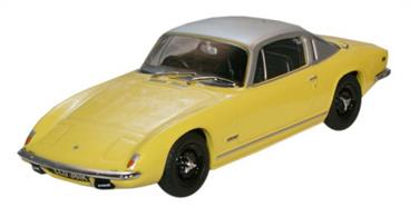 New tooling to the 1:43 range introduces the Lotus Elan +2, an increasingly collectable vehicle from the 1960s. In bright yellow with silver roof, this striking model comes with highly detailed interior featuring black seats, floor, doors and steering wheel, with brown dashboard and pale grey roof lining. Registered LLU 361K, the model has a black chassis and black wheels with silver masking. The exterior detail also includes finely masked black rear window frames, radiator grille, front spotlights and pillar vents. A chrome finish is given to windscreen wipers, door handles and bumpers, while the final authentic touches include the yellow and green Lotus badge on the front with the word LOTUS in silver across the bonnet. Note too, the Lotus +2 marque printed in silver along the side behind the front wheels.