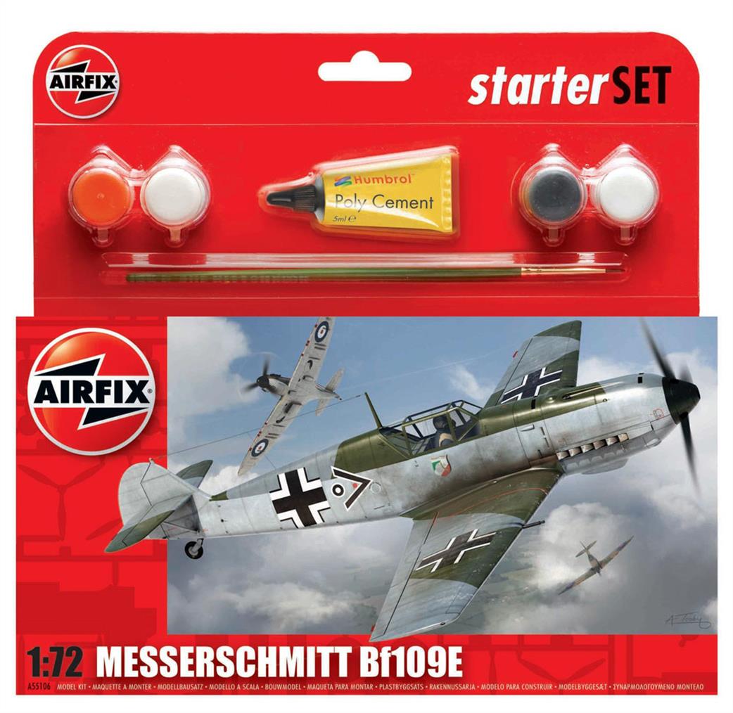 Airfix 1/72 A55106A Messerschmitt Bf109E-3 Starter Set with Paint & Glue