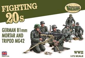 13 hard plastic figures with two 81mm mortars and two tripod MG42 machine guns.  Head options are included