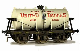 A detailed model of the 6-wheel express milk tank wagons built from the 1930s for the conveyance of bulk milk from country dairies to the bottling and distribution centres in major cities.Model finished as United Dairies wagon 44018