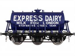 A detailed model of the 6-wheel express milk tank wagons built from the 1930s for the conveyance of bulk milk from country dairies to the bottling and distribution centres in major cities.Model finished as Express Dairies wagon 4405