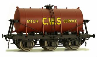 Dapol O CWS 6 Wheel Milk Tank Red Tank 7F-031-002Dapol O gauge 7F-031-002 6 wheel milk tank wagon with red tank lettered CWS for the Co-operative Wholesale Society. Expected to feature the pre-war bill-board lettering style.A detailed model of the 6-wheel express milk tank wagons built from the 1930s for the conveyance of bulk milk from country dairies to the bottling and distribution centres in major cities.This model featuresExtremely detailed and accurate tank and chassisMany separately fitted details including ladders and strapping.Spring metal buffers and coupling hook with screw coupling.Partially compensated chassis