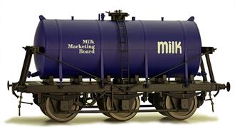 Dapol O MMB Milk Marketing Board 6 Wheel Milk Tank Blue Tank 7F-031-003Dapol O gauge 7F-031-003 6 wheel milk tank wagon with blue tank lettered for the Milk Marketing Board. One of the milk tank wagons refurbished for service into the 1970s.A detailed model of the 6-wheel express milk tank wagons built from the 1930s for the conveyance of bulk milk from country dairies to the bottling and distribution centres in major cities.This model featuresExtremely detailed and accurate tank and chassisMany separately fitted details including ladders and strapping.Spring metal buffers and coupling hook with screw coupling.Partially compensated chassis
