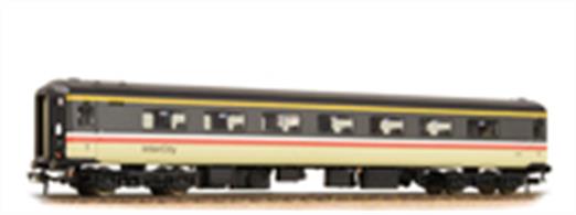 New and detailed models of the BR air conditioned express passenger stock built from the early 1970s. BR was one of the first European railways to offer air conditioned accomodation as standard on principal services.These models are of the Mk.2F coaches, the last of the Mk.2 series build (1973-1975) and almost identical to preceeding Mk.2E coaches (1972-73 build), the design changes relating primarily to the air conditioning plant. These two builds formed the backbone of the InterCity locomotive-hauled coach fleet during the 1970s and 80s.This model of the first class coach with open plan seating is painted in the InterCity red stripe livery.Era 8 1982-1994.
