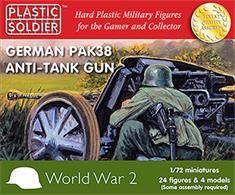 1/72nd German Pak 38 anti tank gun: 4 guns and mid-late war crews in the kit. Each gun sprue also gives the option to build a Pak 97/38 75mm (captured French 75mm barrels) and there are plenty of rounds, ammo cases and spent shells to customise your bases or dioramas. Each gun has 6 crew figures to allow those Battlegroup Kursk players to field extra loader teams