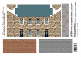 Pack of four self-adhesive sheets each with two half-relief terraced houses with random stone construction. A choice of red tiled or grey slate roof is supplied, along with a section of roadside pavement.Each sheet has two shouses with end walls, these can be assembled as a semi-detached pair, or the sheet can be arranged with another pair of houses to make a longer terrace. A set of 8 modern shop frontages is supplied to convert the houses into a rank of shops.