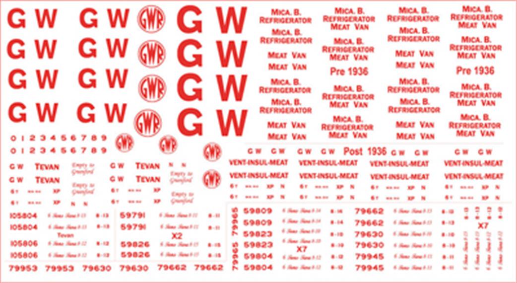 Modelmaster Decals OO GW303 GWR Red Wagon Lettering for Refrigerated Vans