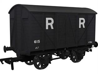 A detailed scale length model of a RCH design gunpowder van operated by the Royal Ordnance Factory network wagon number 11 finished grey livery with white lettering and red warning cross.These steel bodied box vans were specially built for the secure conveyance of commercial explosives and military stores. This model by Rapido Trains replicates the later RCH standard gunpowder van based on the GWRs diagram Z4 design built by the big four railway companies in the late 1930s / WW2 era and by British Railways after nationalisation.