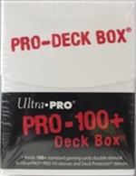 White deck box for holding over 100 standard sized gaming cards in deck protectors.