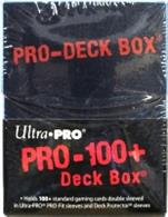 Blue deck box for holding over 100 standard sized gaming cards in deck protectors.