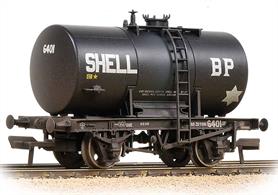 For many years Shell and BP operated a combined distribution network, their wagons being pooled together and carrying both companys' lettering or logos.This model features a significant detail upgrade on the older oil tank wagon models, with 'generic' design.Cylindrical tanks were mounted to railway wagon chassis by several methods, the mounting becoming steadily more robust as designs were developed. The anchor mounting uses strong central brackets to connect the tank section with the chassis solebars in the central portion of the chassis between the axles. This design was introduced in the 1930s and a large number of these anchor mounted oil tanks were built before and during WW2 for the air ministry. After WW2 these wagons were sold to the oil companies, so this design of tank wagon formed the primary post-war oil wagon fleet until larger 35 and 45 ton designs appeared in the 1960s.