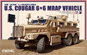 Meng SS-005 1/35 Scale US Cougar 6 x 6 MRAP VehicleDimensions - Length 226mm Width 79mm.The model can be built as Cougar 6×6 or Cougar 6×6 HEV MRAP. Interiors of the cab and troop compartment are perfectly reproduced. All doors can be built open or closed. The roof gun mount is rotatable. Precision photo etched parts are included for detailing. Two painting schemes are provided. Full instructions are included.