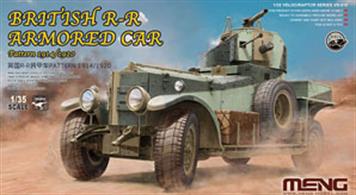 This 1/35 British R-R Armored Car Pattern 1914/1920 model features accurately replicated vehicle structure and exteriors and rich details. It can be built as a WWI option or WWII option. The roof machine gun mount is rotatable. Clear light parts and PE parts are included. WWI and WWII paint schemes are provided.  Length: 147mm   Width: 58mm