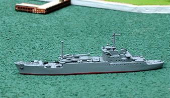 A 1/1250 scale model of General Ryabikov a Lama class transport ship, still in service with the Russian Navy. This model has a deck load of covered items....