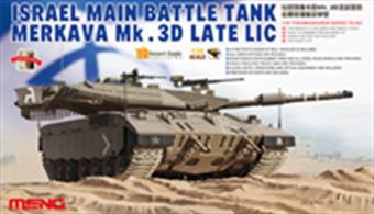 Meng TS-025 1/35 Scale Israeli Main Battle Tank Merkava Mk.3D Late LICDimensions - Length 260mm Width 111mm.This detailed kit has the following features:- all crew hatches are movable, choice of wheels with rubber tires or all-steel road wheels. Periscopes and lights are included. precision photo etched detailing parts are included. Decals for 2 versions are provided.Glue and paints are required 