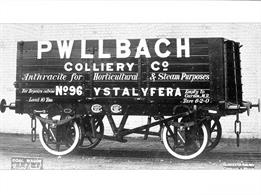 Pwllbach Colliery wagon number 96 was the first of a batch of 25 wagons ordered from the Gloucester Railway Carriage &amp; Wagon Company delivered in early 1899. Wagon 96 was recorded by the Gloucester company photographer who helpfully provided board describing the livery as 'Painted Chocolate, Letters White, Shaded Black'.These wagons were registered with the Midland Railway as the colliery at Ystalyfera was served from the Midland station at Gurnos.