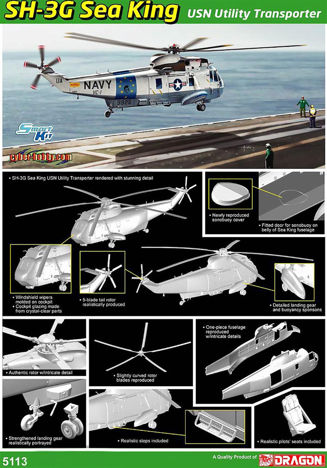 Dragon Models 5113 Cyber-hobby USN SH-3G Sea King Utility Transport Helicopter Kit 1/72