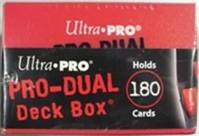 Red dual deck box for holding up to 180 standard sized gaming cards in deck protectors.
