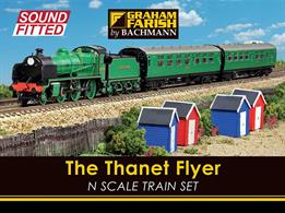 The Thanet Flyer was introduced by the Southern Railway after WW2, returning some colour to the network with a return to Malachite green for the locomotives assigned to this new express train.This train set includes a model of one of those locomotives, N class 2-6-0 number 1854 and two Bulleid design passenger coaches, all finished in SR Malachite green livery.The train set includes an oval of track measuring 714 x 540mm (28.1 x 21.26in) using track compatible with other brands of British N gauge track.This set features a locomotive equipped with a DCC sound system and is supplied with a mains-powered Bachmann DCC train controller using a plug-top type voltage adapter.