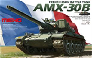 Meng TS-003 1/35 Scale French AMX-30B Main Battle TankDimensions - Length 271mm Width 89mm.The cast turret shape is realistically reproduced on the model and the gun and 20mm autocannon can elevate independently. The hatch on thecommander's cupola can rotate in 360 degrees. The realistic running gear parts on the chassis are movable and the elastic torsion bar structure combined with movable hydraulic shock absorbers can replicate the shock absorption action like the real vehicle. Workable track links are easy to assemble. Decals for 2 versions are provided together with full instructions.Adhesive and paints are required to complete the model (not included). 