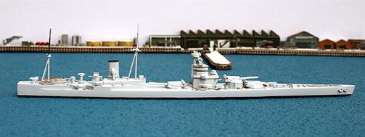 A 1/1250 scale model of the N3 British battleship design, of which two were ordered in 1921. The model is cast in resin and painted in overall medium grey. Length of model is 21cm.The British Government intended to order four of the new 9x18" gun battleship class but after the Washington Treaty, the orders were cancelled. It was these ships that were re-designed and fitted with the 16" guns from the also cancelled G3 battlecruisers. The resulting ships became the two smaller ships of the Nelson class that were eventually built in 1927.