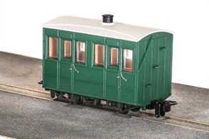 Small 4-wheel coaches were the usual choice for narrow gauge railways, being well suited to the small gauge and sharp curvature of many of these lines. The Glyn Valley Tramway purchased a number of generally similar 4 wheel coaches, with a better standard of fittings in the first class compartments.This ready to run model is of one of the fully enclosed coaches used year-round on the GVT line finished in plain green livery without lettering, ideal for free-lance narrow gauge model railwaysPeco are usually able to supply us with their models quickly, please allow 14 days for delivery.