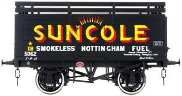 A detailed ready to run O gauge 8 plank open wagon model from Lionheart Trains tooling finished in the familiar livery of the Suncole smokeless fuels company with sunbeams logo over the side door.
