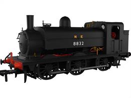 DCC sound fitted model of LNER class J52 locomotive 8832 ex-Great Northern Railway 0-6-0ST saddle tank shunting engine finished in LNER wartime plain black livery lettered N E.This Rapido Trains model has been carefully designed from works drawings and historical images to allow a wide range of options to be produced covering the long lives of thee distinctive engines. The chassis features a smooth-running mechanism, factory-installed speaker and a warming firebox glow.