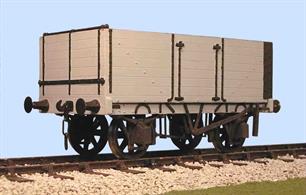 A detailed model kit building a RCH 1887 standard design open wagon with 7 plank height sides and end door. This kit replicates the details of a wagon built by the Gloucester Railway Carriage and Wagon company.The 7 plank body provided a greater internal volume than the 6 plank type, allowing up to 12 tons of coal to be carried. Initially the larger wagons were ordered mostly by collieries, coal factors (dealers) and exporters, but by 1923 the 7 plank wagon was the most commonly used type in the coal trade. Collieries and exporters usually ordered wagons equipped with end as well as side doors so the wagons could be emptied quickly by tipping the coal through the end. Side and bottom doors were also normally fitted so the wagons could easily be used for manual or hopper unloading.Supplied complete with wheels, 3 link couplings and sprung buffers.