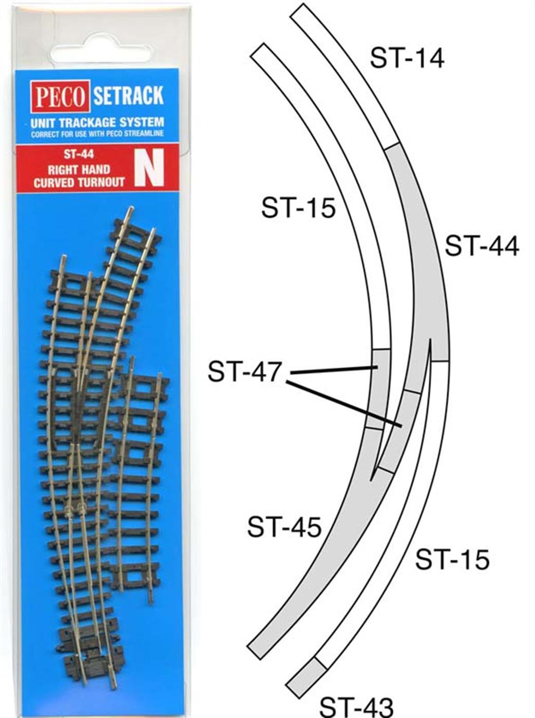 Peco ST44 Setrack Right Hand Double Radius Curved Turnout N