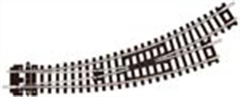 Peco N Setrack Left Hand Double Radius Curved Turnout ST-45Curved turnouts are useful to construct sweeping curved junctions and helpful in saving layout space as stations fit much better alongside straight tracks. Whether it is to install a cross-over between tracks or to start a new siding doing so on a curve allows better use of limited space.Curved points radii approximate to No.2 radius for the inner curve and No.3 radius for the outer curve, though the actual radii are usually adjusted to ensure the two routes diverge quickly and a couple of special tracks are needed to compensate. Peco have deciced to supply these extra track pieces with the N gauge Setrack curved points, so you will not be short of the special track pieces. When installing a cross-over use the short curved and straight track pieces to fit the concentric curve geometry, one of each is provided in each pack, so there will be one spare straight piece which can be used elsewhere on the layout. (Note , while part numbers are shown for these track piece these are not available separately.)