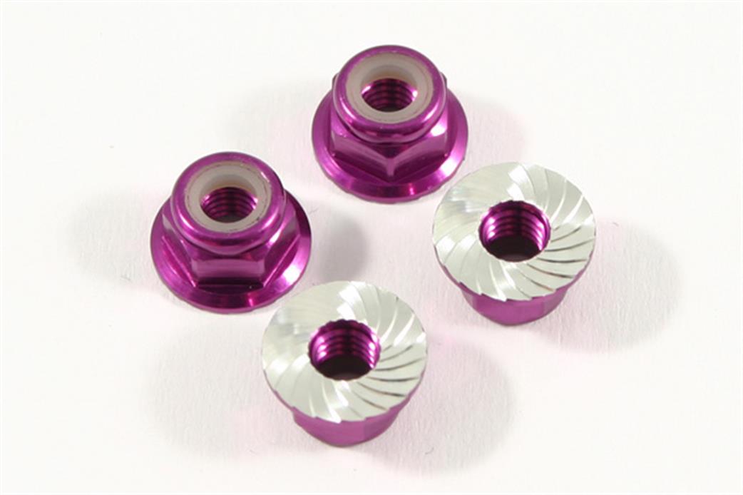 Fastrax 1/10 FTM4PS M4 Flanged Wheel Serrated Locknuts Purple (4)