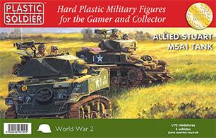 3 x M5A1 Stuart tanks. Options to build early, mid or late production variants and each sprue has Cullen hedgecutters, US and British commander figures.