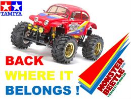 After Many years of waiting Tamiya reintroduce the 58618 Monster Beetle• 1/10 scale R/C model assembly kit. Length: 410mm, width: 290mm, height: 240mm. • The injection-moulded plastic body accurately captures the classic Tamiya Monster Beetle shape and style. • Where possible, the markings from the original model design have been recreated and combined with some newly designed markings. • The rugged ABS space-frame chassis from the original model (58060) has remained. The chassis uses a double-wishbone front with trailing arm rear suspension setups that work in tandem with the CVA oil dampers. • The rear universal drive shafts transfer power smoothly and come with rubber boots to protect them from dust. • A large dust cover is included to protect the R/C equipment. • The incredible 130mm diameter tyres with lug/pin spike tread provides fantastic off-road performance. The tyres are also paired with gold-effect, (one-piece) rims. • A driver figure is also included
