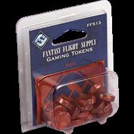 Contains 20 red plastic gaming tokens.Fantasy Flight Supply Gaming Tokens come in packs of twenty and are a perfect tool for any gamer’s collection. Made of attractive marbleized plastic, these tokens are stackable and easy to store. 14mm diameter, 4mm thickness.