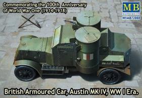 Master Box Ltd 1:72 scale plastic model kit MB72008. British Army WW1 Austin MKIV armoured car.Equipped with machine guns for self-defense these cars were used as scout cars and for interdicting and skirmishing with enemy forces to disrupt their deployment and escape before artillery could be brought to bear.