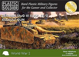 Easy Assembly 15mm German Stug III Ausf G Assault Gun. 5 vehicles in a box and each sprue has options to build early G, late G or Sturmhaubitze 42 with crew figures, stowage, schurzen and optional saukopf gun mantlet