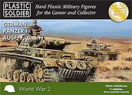 Easy Assembly plastic injection moulded 15mm German Panzer III&nbsp;tank. Five vehicles in the box and each sprue gives options to build either a F, G or H version and comes with 2 commander figures and a variety of stowage