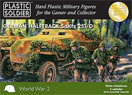 Easy Assembly 15mm SdKfz 251/D German Halftrack. Kit includes 3 vehicles, 24 figures, a variety of stowage pieces and the option to build the /10 platoon commander variant with a 37mm gun