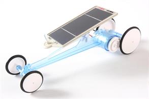 Originally released as Item 76001 in 1991, this solar car model's main frame is now molded in clear blue. It runs on solar energy, which it converts into electricity via its solar panel. Its speed is influenced by the strength of the sun’s rays and the angle of the solar panel. The kit includes everything needed for easy snap-fit/screw together assembly, including solar panel, motor and plastic frame/chassis and wheels. Simple wiring (no soldering) is required to complete the assembly. Solar panel angle and gear ratio (3 settings) can be adjusted.Dimensions (approx.) L: 245mm, W:81mm, H:76mm Features a clear blue molded plastic body. 3 gear ratios: 1.7:1, 2.2:1 and 3.4:1. Steerable front wheels. Solar cells have epoxy coating to make them less vulnerable to breakage when dropped